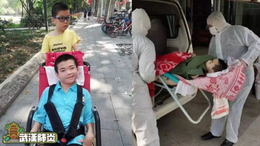 坐在轮椅上鄢成和患有自闭症弟弟小伟的旧照。图右为鄢成被医护人员将送走，随后却不治。