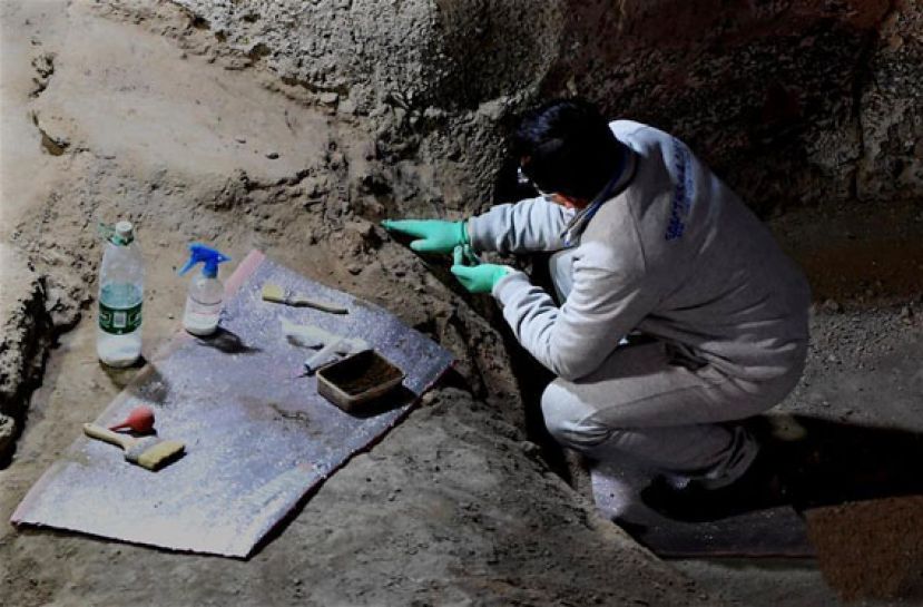 图示：在河南郑州大河村遗址博物馆，科研人员在对仰韶文化房基进行体检、加固。