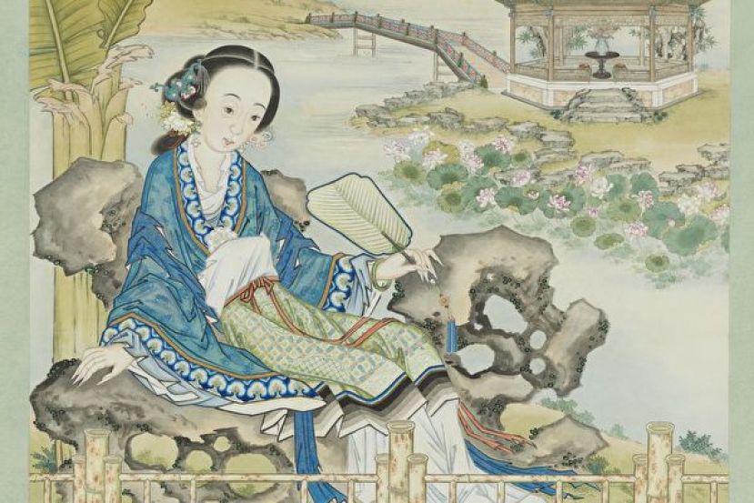 画中一容貌清秀少女手持团扇。图为清 许良标《芭蕉美图》。