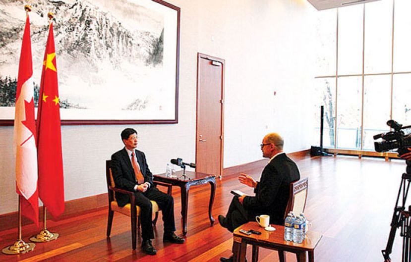 中国驻加拿大大使丛培武在周一接受当地电视台访问。