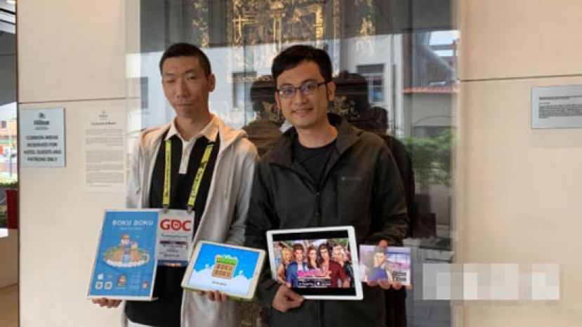 &ldquo;BOKU BOKU&rdquo;开发者梁健锋（Kube Leung）（左）和香港游戏公司Zoomob产品经理Stephen Chan（右）。