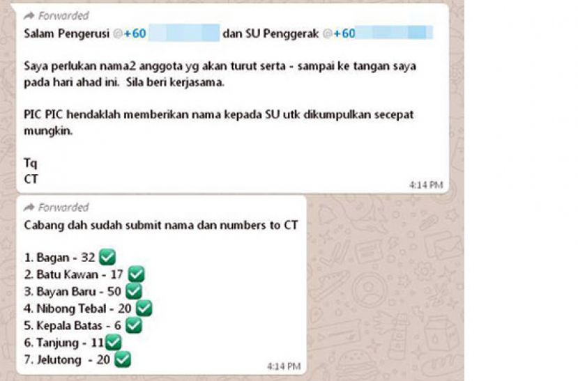 据说是集合全国副主席祖莱达支持者的Whats app群组&ldquo;Penggerak&rdquo;，通过简讯动员，号召敏派支持者出席集会，展示实力。