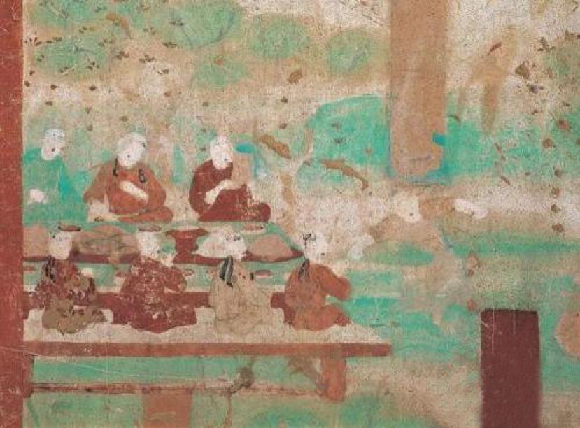 图示：1月20日，敦煌研究院从石窟壁画、敦煌文献、馆藏文物中梳理归纳出岁时节令大寒时，古人为辞别旧岁、迎接新年而祈福、聚饮等生活习俗。图为莫高窟第360窟《露天酒肆》（中唐）。