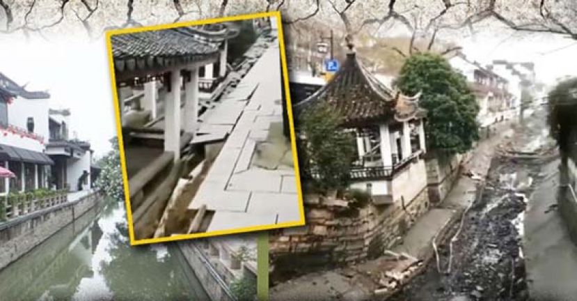 一段仿古长廊全面塌陷，地砖裂开下沉，部分沿河墙壁同样裂开。