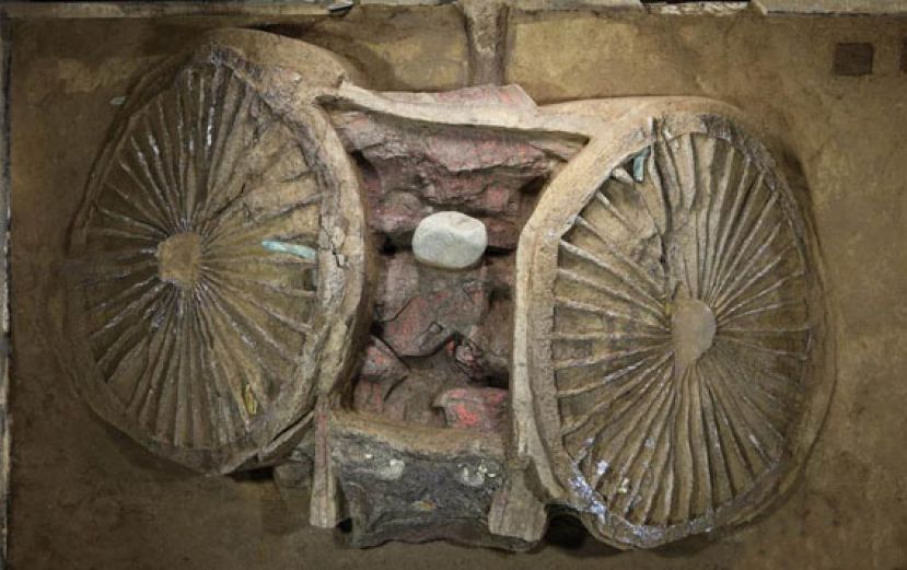 图示：一辆东周时期的高等级马车。经过对车辆遗存的测量，初步确认这辆马车拥有两个直径达140厘米的较大型车轮，每个车轮拥有辐条38根。车厢横宽142.5厘米，纵长106厘米，车厢残高达50余厘米，一条残长近280厘米的车轴横亘于车厢底部。专家表示，在以往的考古发现中，先秦时期出土如此体量的马车遗存十分罕见。