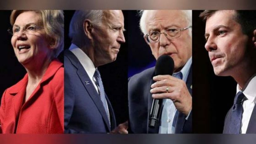 布蒂吉格（右）在艾奥瓦州初选领先（右二起）桑德斯、拜登和沃伦。