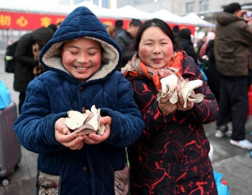 图示：在阜阳火车站广场上，来自临泉的牛秀花和他的孩子带着满满一大袋红薯干准备返程，她说上海的东西太贵了，这次带的家乡特产够吃好久的。