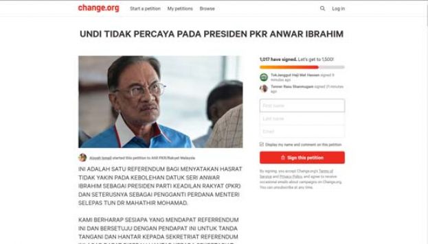 公正党员在网上发现情愿，联署向安华投不信任票。