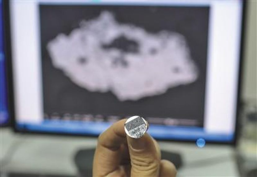 电脑上显示的是从油画上取下来的0.6毫米颗粒扫描图像。